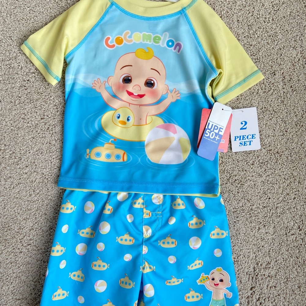 Toddler Boys Cocomelon Swim Set UPF Swim Trunks and Shirt